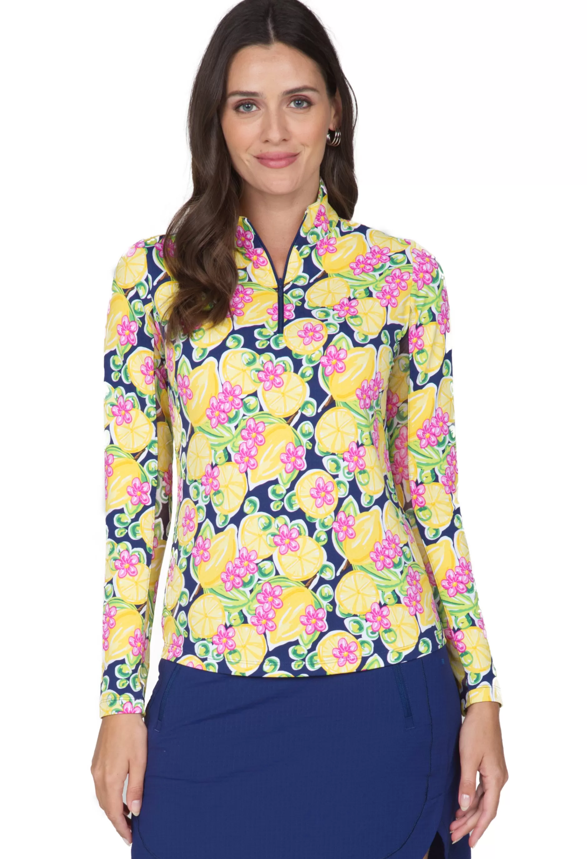 Calista Print Long Sleeve Mock Neck Top 10652^IBKUL Cheap