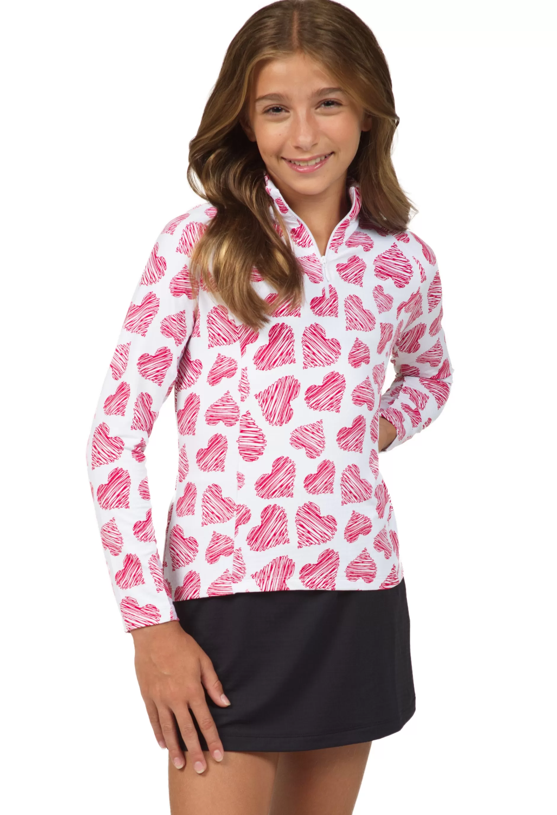 Youth Scribble Hearts Print Long Sleeve Mock Neck Top 10489G^IBKUL Outlet